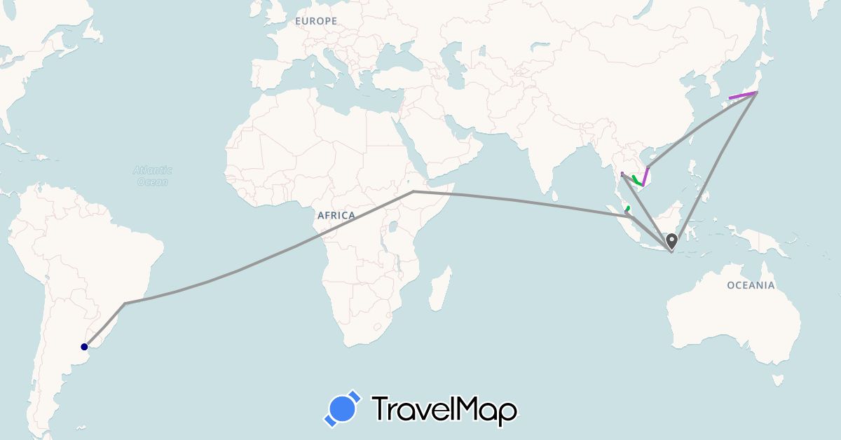 TravelMap itinerary: driving, bus, plane, train, boat, motorbike in Argentina, Brazil, Ethiopia, Indonesia, Japan, Cambodia, Malaysia, Singapore, Thailand, Vietnam (Africa, Asia, South America)