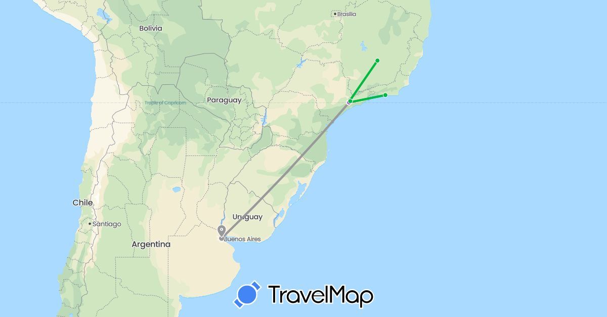 TravelMap itinerary: driving, bus, plane, train in Argentina, Brazil (South America)